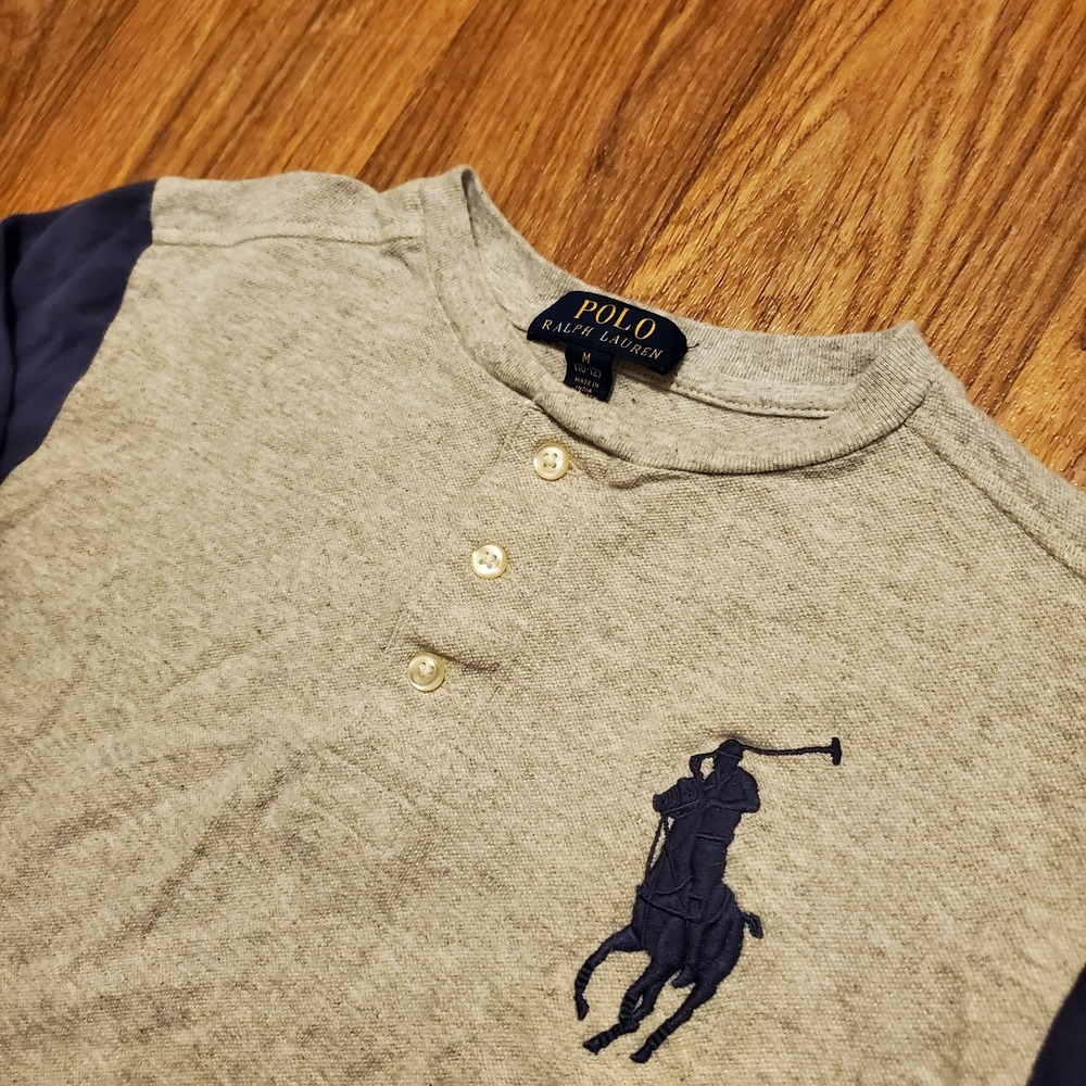 Polo Ralph Lauren Shirt Boys Medium 10/12 Gray Henley Big Pony‎ Preppy